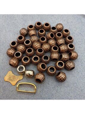 Vintage Beads Lot Bronze Tone 3/4 In Round Grid Retro Craft Supply DIY Necklace